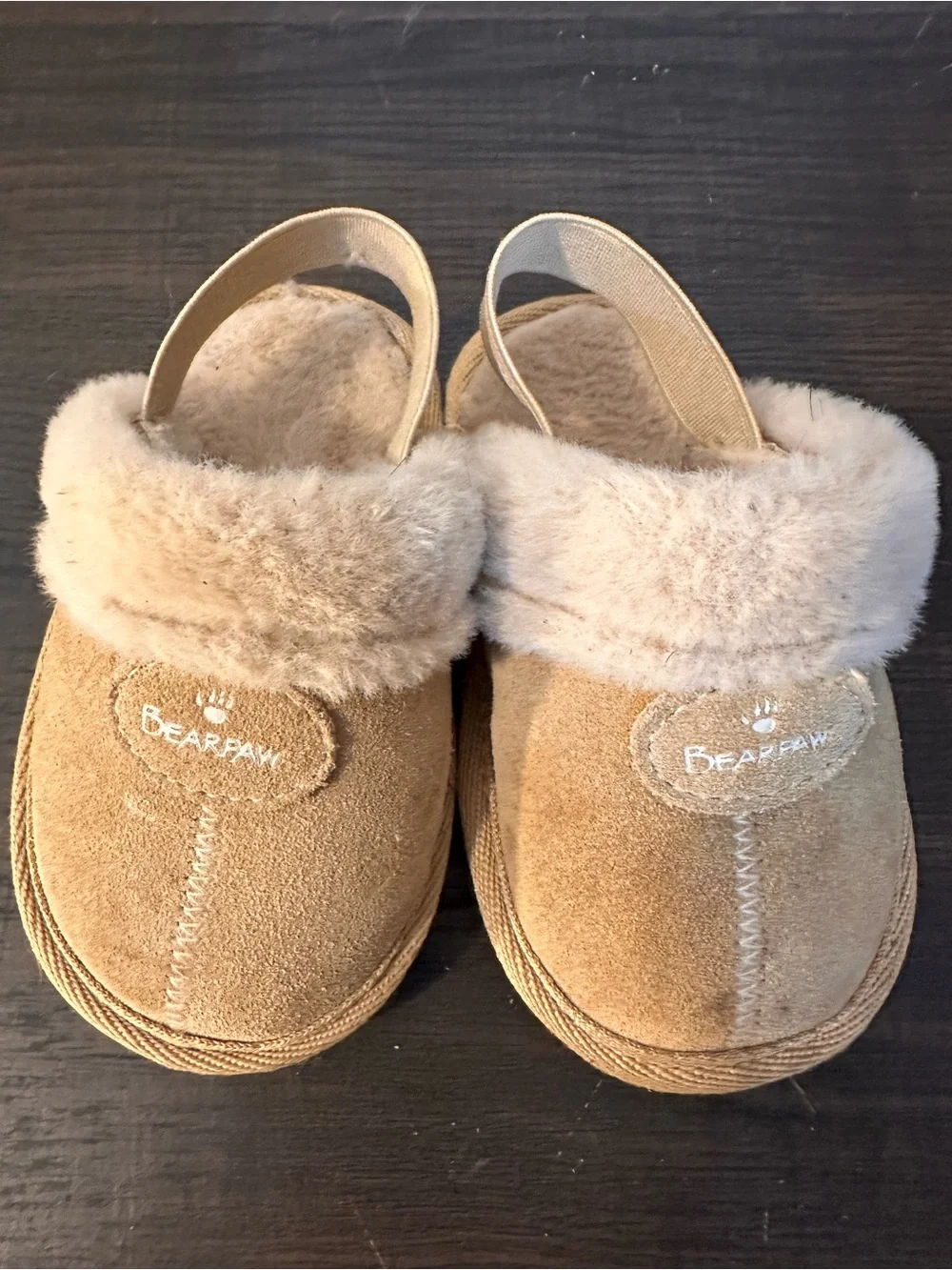 BearPaw Kids Tan Suede Slip-On Clog Slippers with Plush Fur Collar